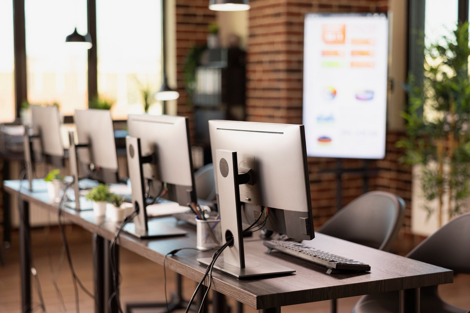 vacant modern workspace with computers